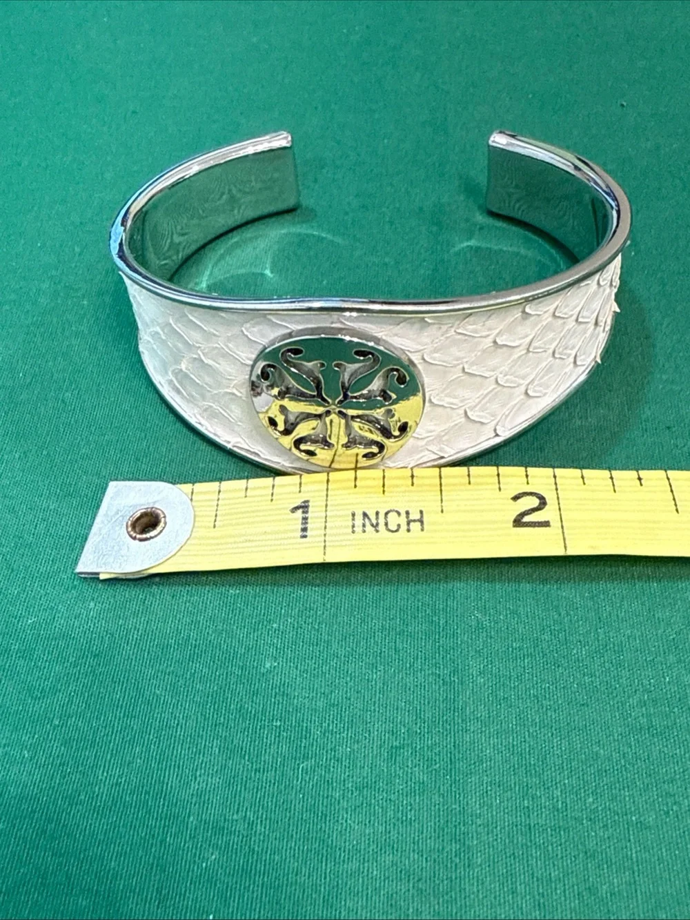 Rustic Cuff Monique Python Print White Leather SilverToneSignatureCross Cuff 91D